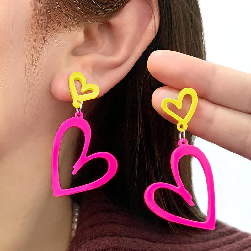 HOLYRY Neon Heart Earrings for Women Acrylic Neon Earrings 80s 90s Outfit for Women Glow Party Accessories Gifts Hot Pink Orange Green Yellow - Image 3